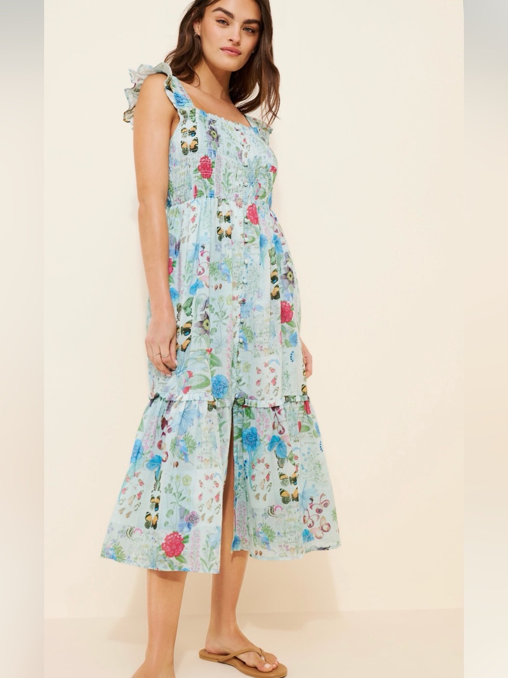 Anthropologie Peregrine Midi Dress Square Neck Smocked Tiered Skirt Pockets NWT - Picture 3 of 16
